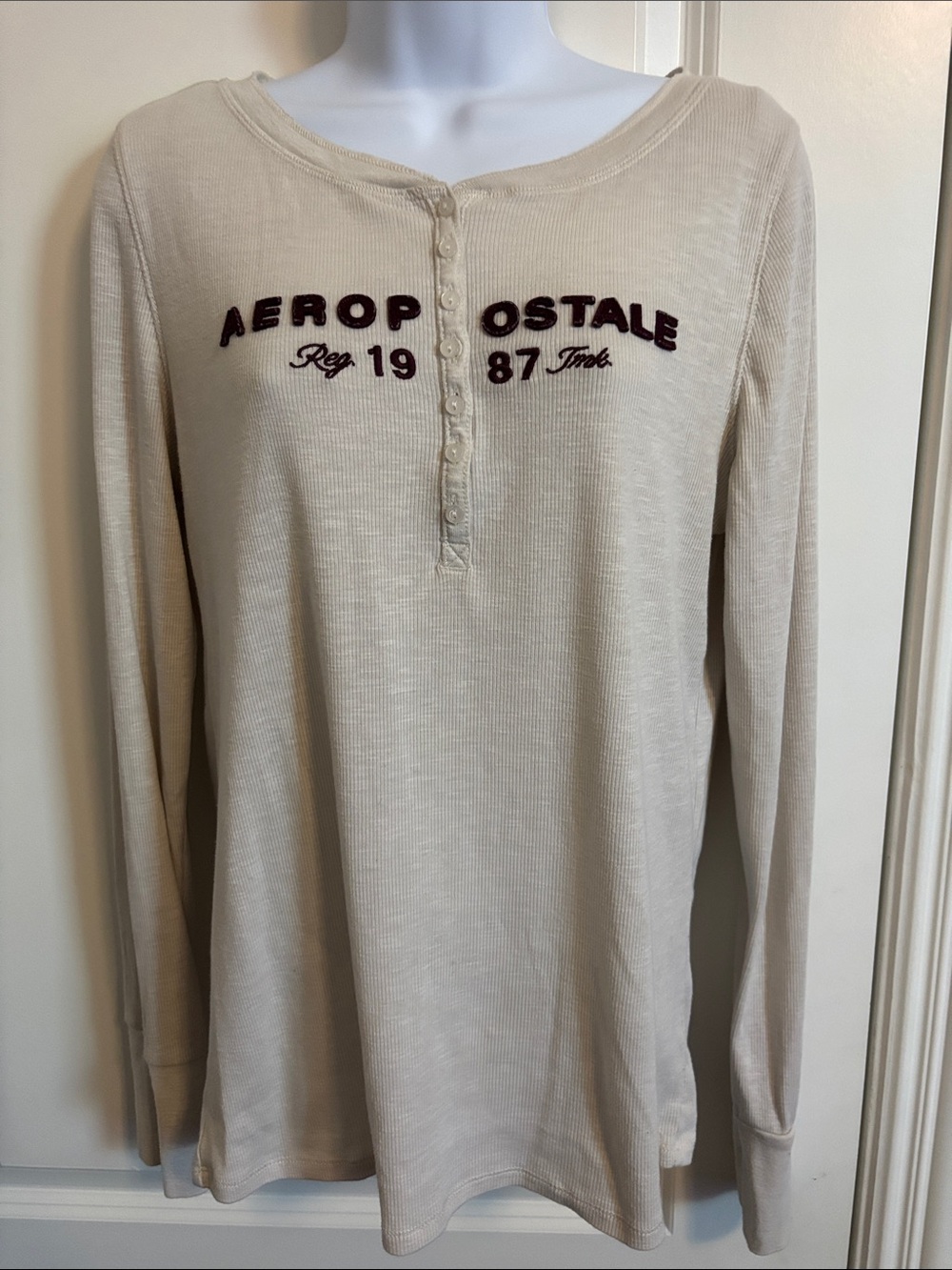 Aeropostale Cream Long-Sleeve Henley with Brown Felt  Logo XL